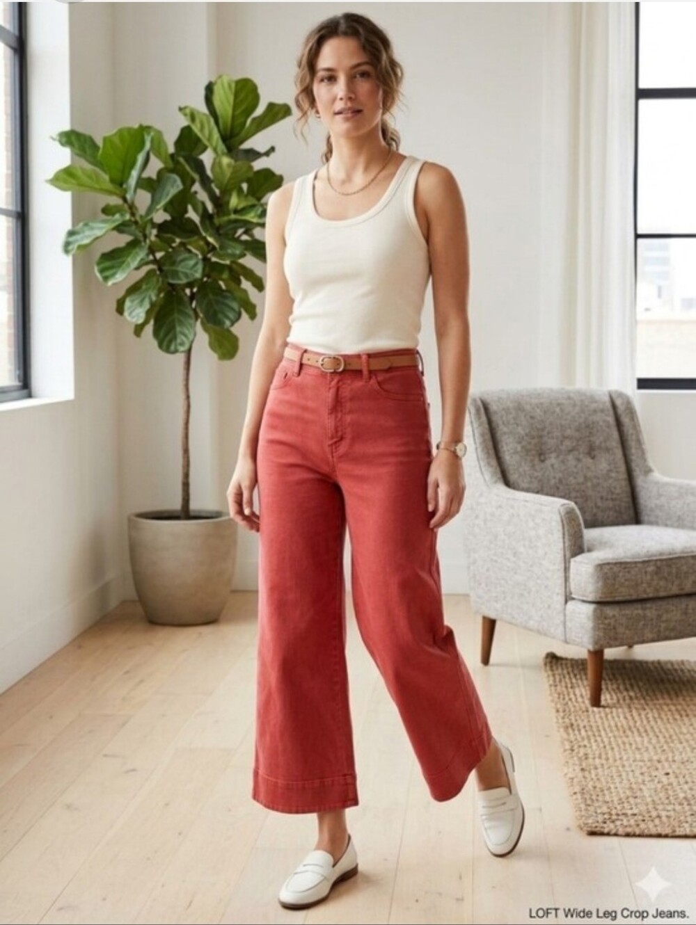 LOFT High Waist Wide Leg Crop Jeans in bold rust-red wash. Size 27.